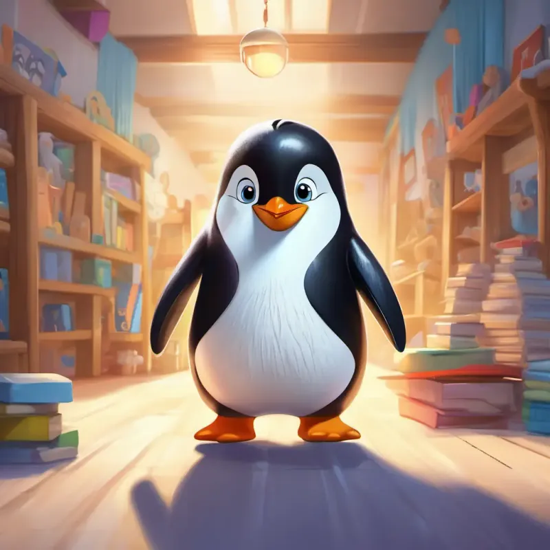 A cuddly penguin with a black and white coat, and bright, shiny eyes gets lost at kindergarten, starting his adventure.