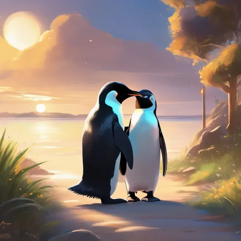The heartwarming reunion of A cuddly penguin with a black and white coat, and bright, shiny eyes and A little boy with light brown hair and a big, warm smile.
