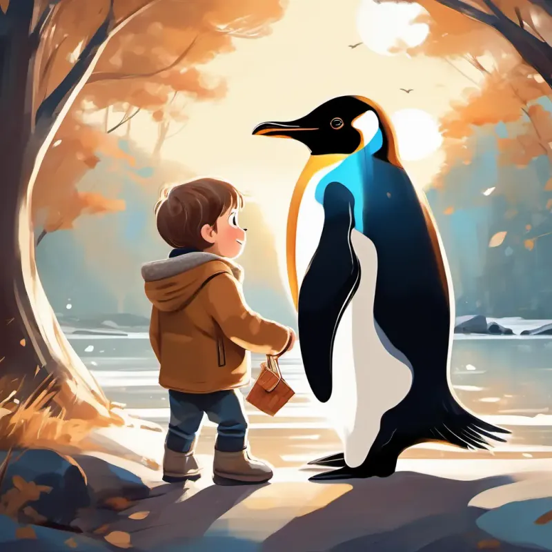 A cuddly penguin with a black and white coat, and bright, shiny eyes and A little boy with light brown hair and a big, warm smile reunite and continue their adventures together.