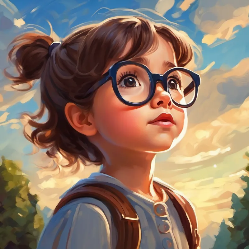 Curious little girl, with brown hair and glasses looking up at the sky