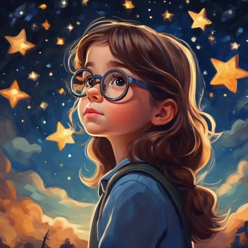 Curious little girl, with brown hair and glasses thinking about the stars