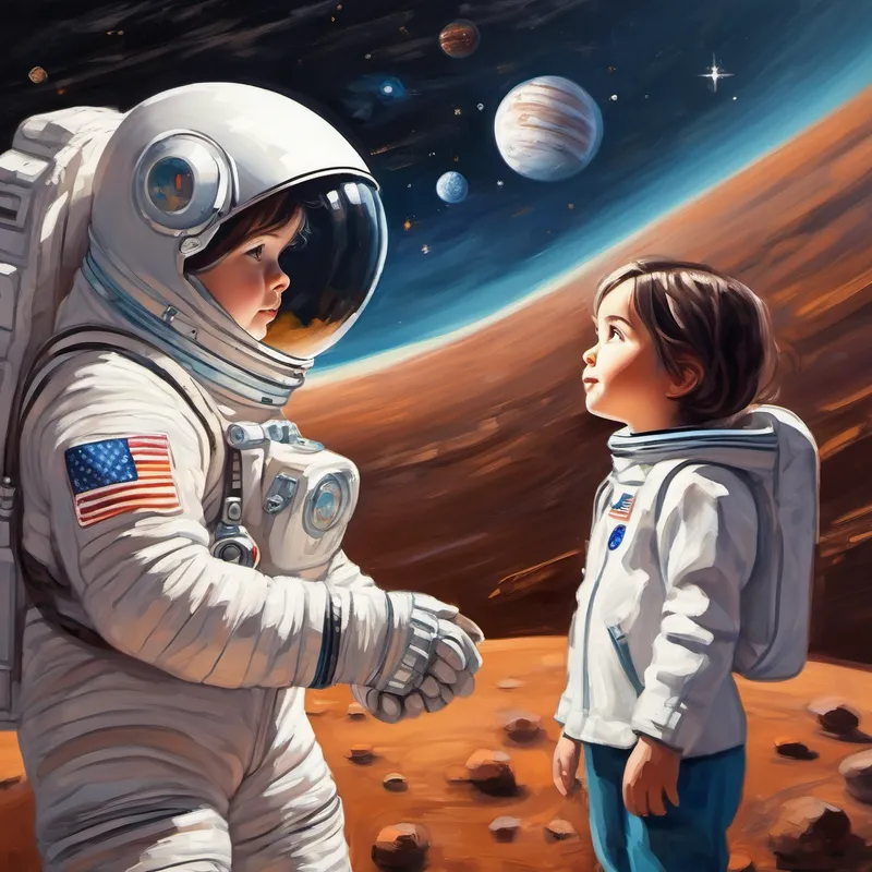 Curious little girl, with brown hair and glasses meeting Famous astronaut, with white hair and a spacesuit