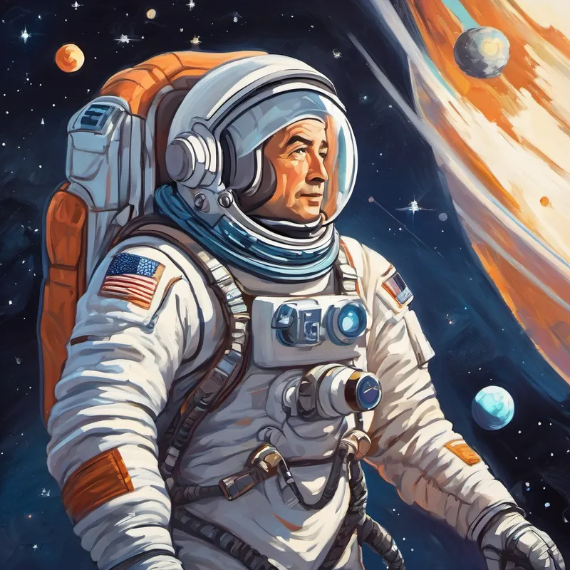 Famous astronaut, with white hair and a spacesuit explaining stars