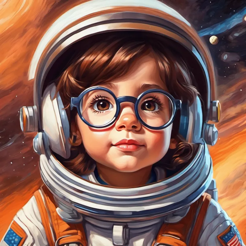 Curious little girl, with brown hair and glasses as a famous astronaut