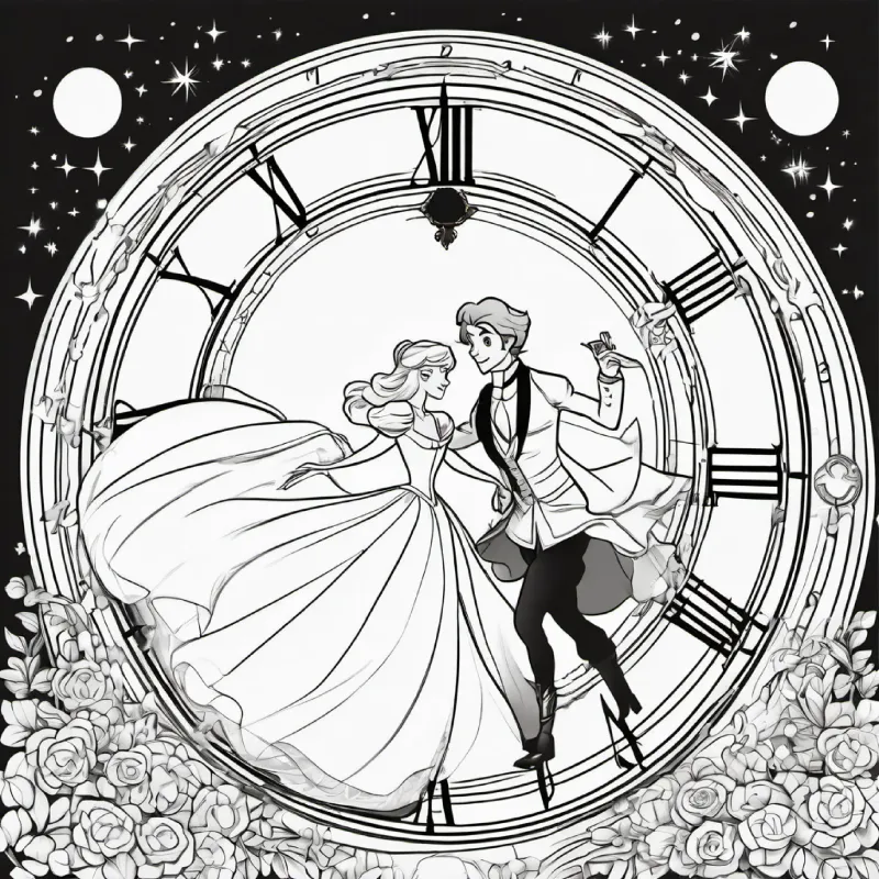 Cinderella fleeing the ball as the clock strikes midnight. Characters: Cinderella, Prince.
