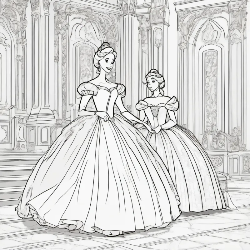 Stepsisters preparing for the ball, Cinderella feeling left out. Characters: Cinderella, stepsisters.