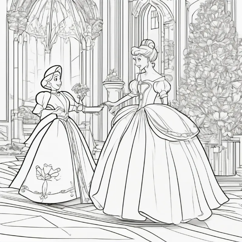 Fairy Godmother helps Cinderella prepare for the ball. Characters: Cinderella, Fairy Godmother.