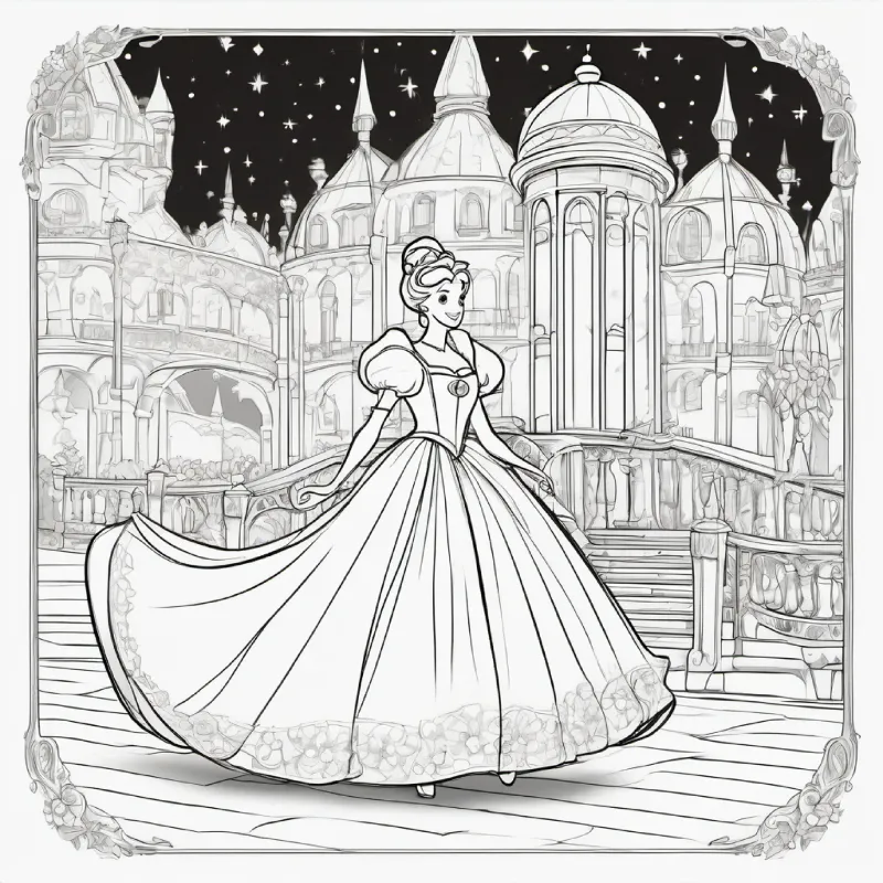 Cinderella arrives at the ball, catching everyone's attention. Characters: Cinderella, Prince.