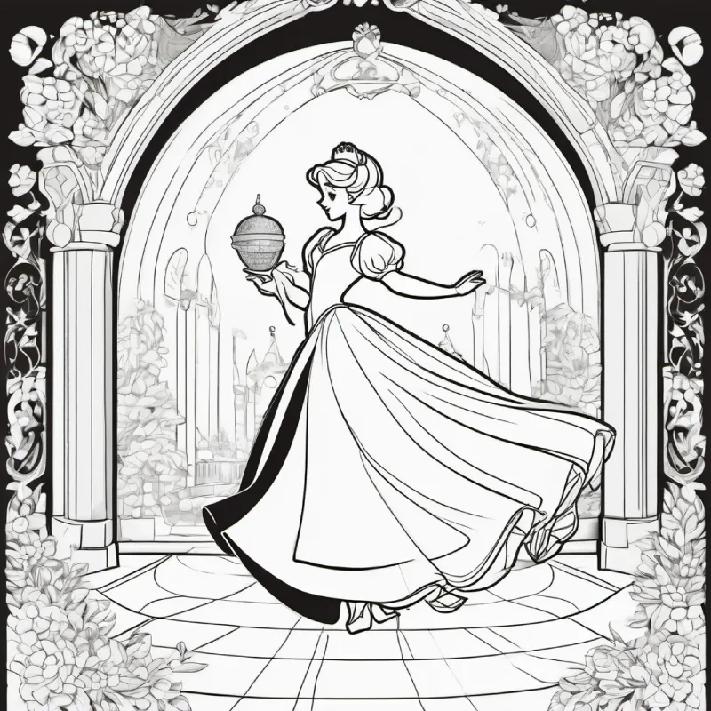 Cinderella dancing with the Prince, enjoying the ball. Characters: Cinderella, Prince.