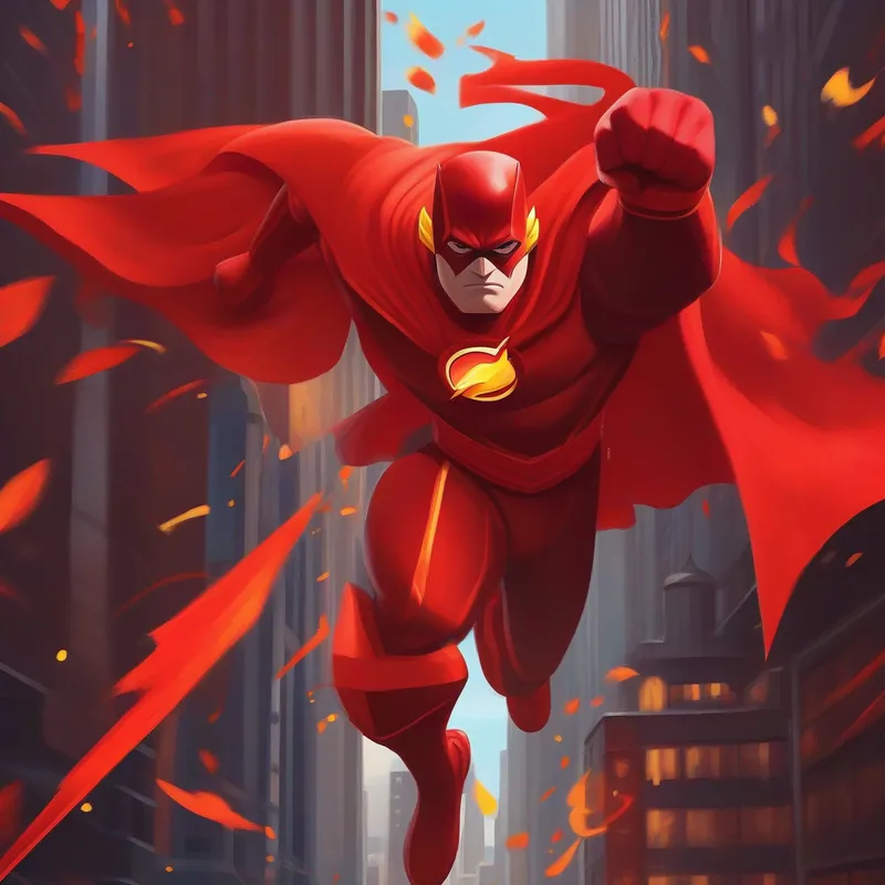 C-Red wears a red cape and is strong and brave. defeats Flash is a villain who causes trouble in Chicago. and saves Chicago.