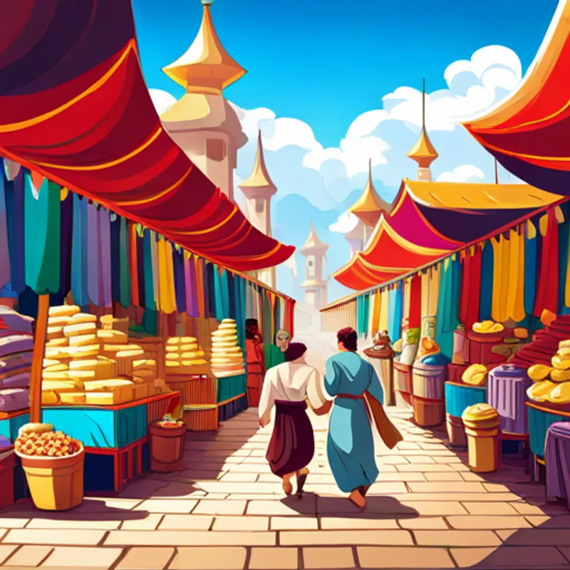 Aladdin walking through a colorful market filled with people