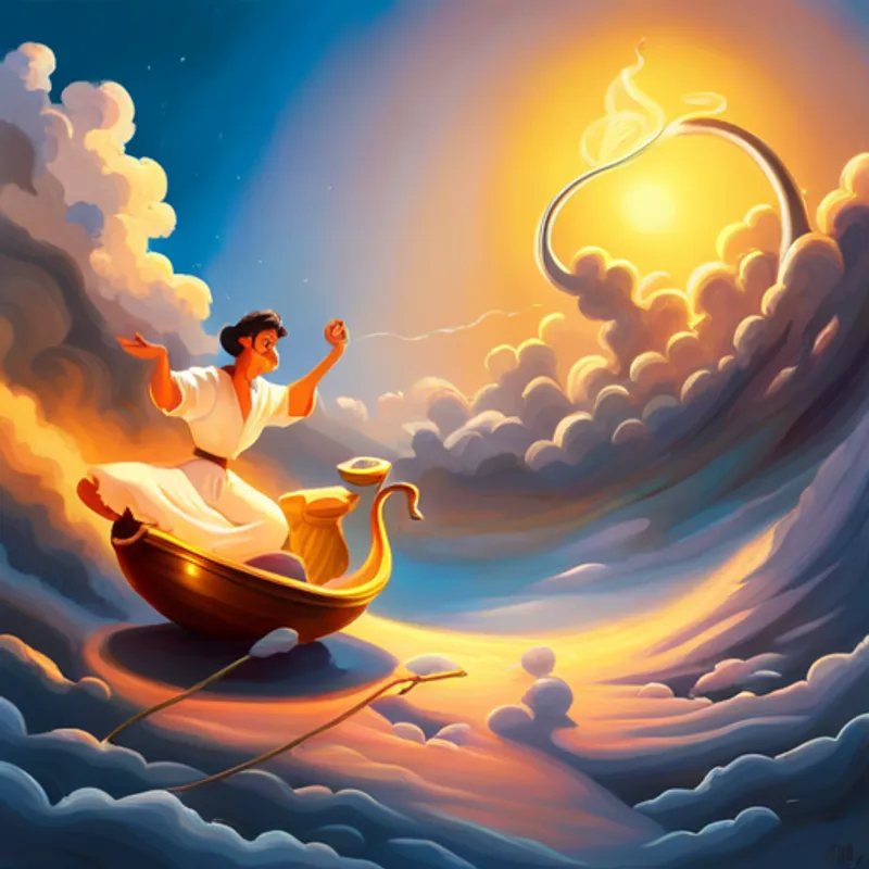 Aladdin rubbing the lamp and a genie appearing in a cloud of smoke