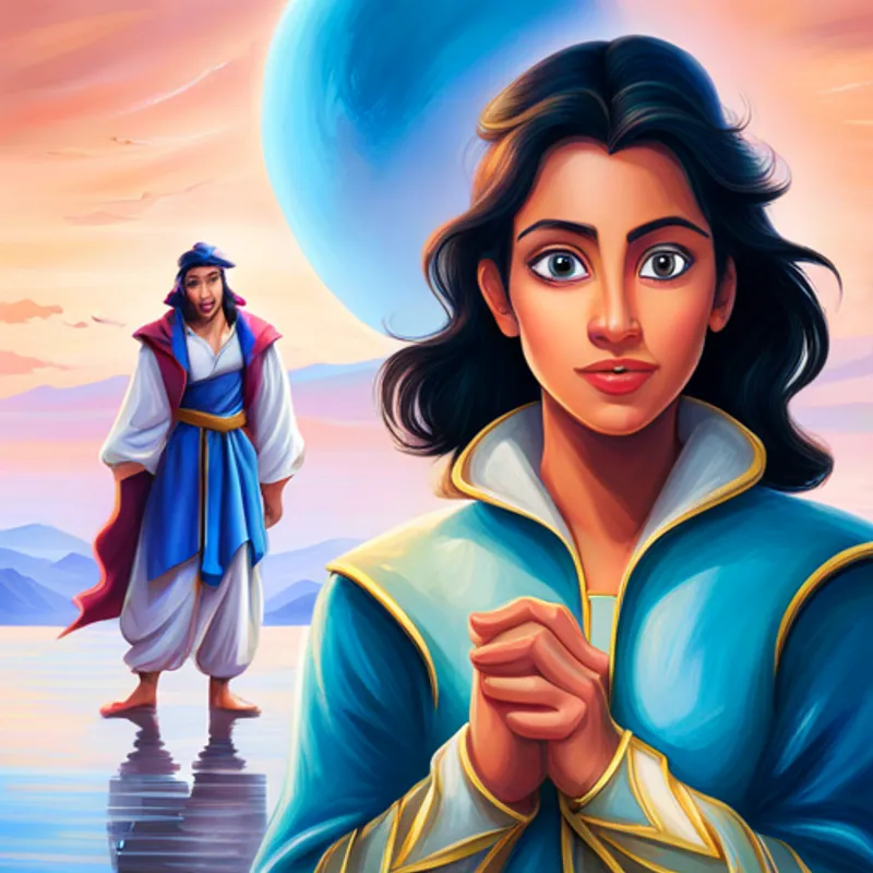 Aladdin transformed into a prince and Princess Jasmine looking surprised