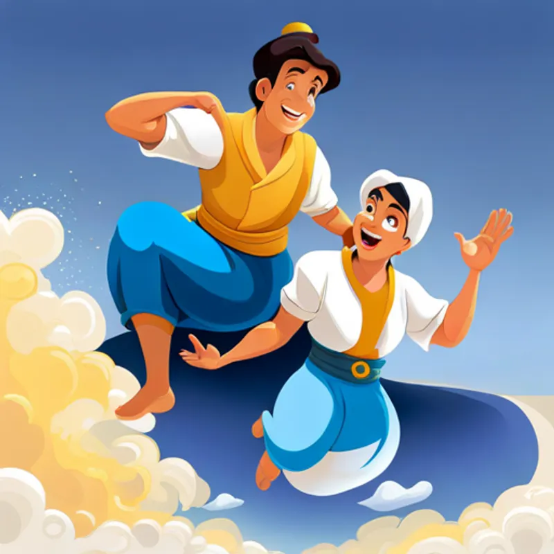 Aladdin and the genie waving goodbye to each other