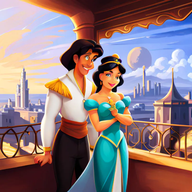 Aladdin and Princess Jasmine standing on a balcony together, overlooking the city
