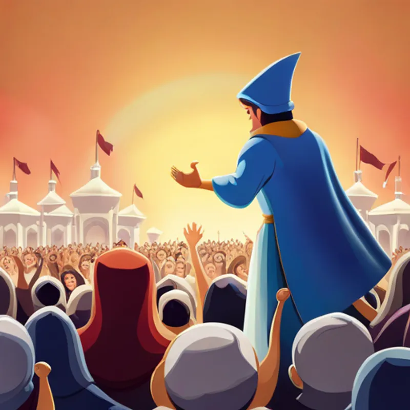 Aladdin standing in front of a crowd, people cheering and clapping