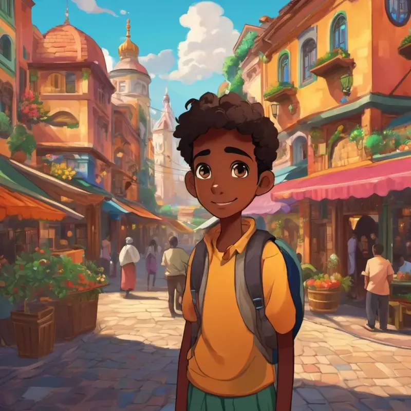 The story begins in a bustling city called Harmonyville, where colorful buildings and vibrant markets filled the streets. A 16-year-old boy with dark skin and deep brown eyes, wearing vibrant hijabs, a 16-year-old boy with dark skin and deep brown eyes, lived with his supportive family in a cozy house near the city center.