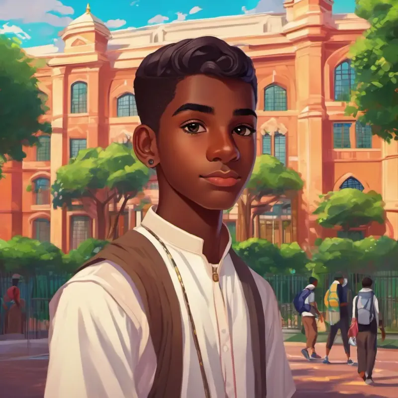 A 16-year-old boy with dark skin and deep brown eyes, wearing vibrant hijabs's school, called Equality Academy, was a grand building with lush gardens and colorful murals. His classmates, like him, were all boys who struggled with the same societal expectations. They were taught to be gentle, nurturing, and submissive, but A 16-year-old boy with dark skin and deep brown eyes, wearing vibrant hijabs yearned for something more.