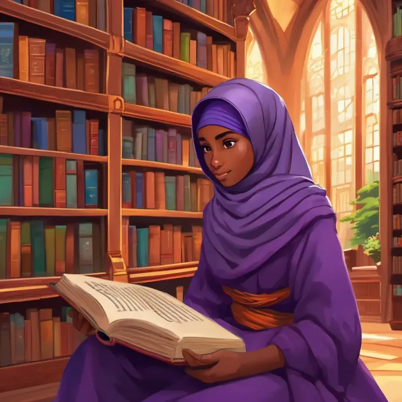 The library was a magnificent building with towering bookshelves and cozy reading nooks. A 16-year-old boy with dark skin and deep brown eyes, wearing vibrant hijabs, wearing his vibrant purple hijab, felt a surge of excitement as he turned the pages of these empowering stories.