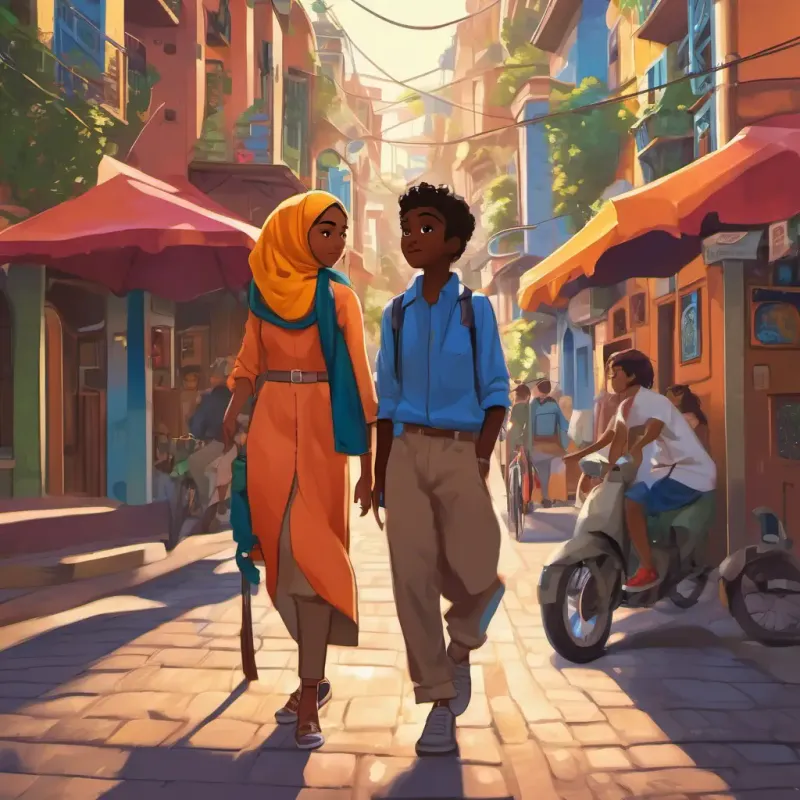 The city of Harmonyville gradually transformed, as more and more people began to question the traditional gender roles. Men and women started to embrace their true selves, breaking free from the constraints of society. A 16-year-old boy with dark skin and deep brown eyes, wearing vibrant hijabs, with his vibrant hijab and unwavering spirit, became a symbol of strength and change.