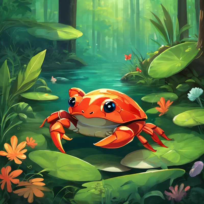 Once upon a time, in a lush forest by a shimmering river, there were three best friends named Crabby the crab, Freddy the frog, and Wiggly the earthworm. They lived harmoniously and had so much fun together. Crabby was a clever little crab with strong claws. He lived in a cozy home on the riverbank, decorated with beautiful shells and seaweed. His favourite food was algae, which he loved to munch on all day long.