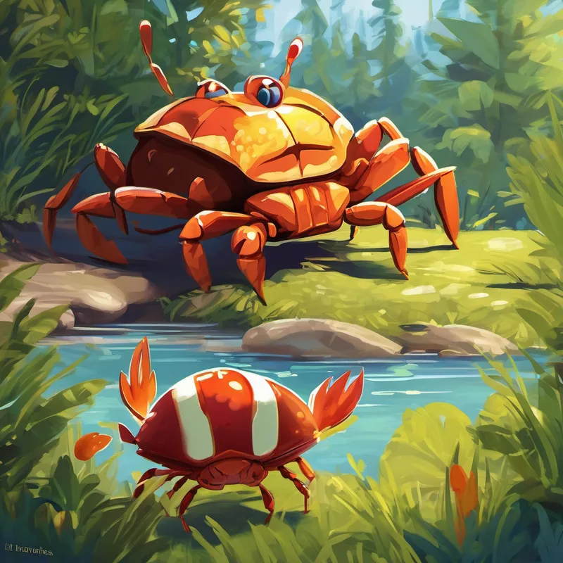 One sunny day, the three friends decided to have a fun and exciting experiment. They thought it would be so much fun to invite each other over for a meal in their own homes. So, Freddy hopped over to Crabby's riverbank home. He wanted to impress his friend with delicious, juicy flies. But poor Crabby couldn't figure out how to eat them without his claws. They both laughed and realized that they eat different things and that's okay.