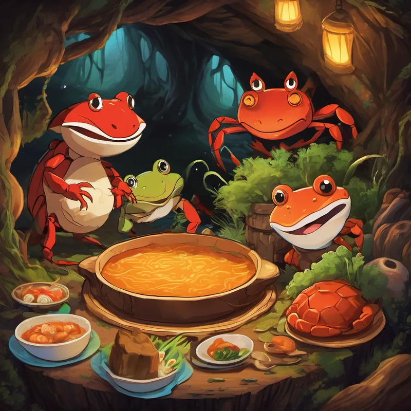 Next, it was Wiggly's turn to host the feast. He invited Crabby and Freddy to his underground home, where he served them tasty roots and leaves he had dug up from the soil. They had never tasted anything like it before! While Freddy enjoyed the meal, Crabby found it a bit too earthy for his liking. They giggled and understood that they all have different tastes. Lastly, it was Crabby's turn to host the gathering. He tried to serve his famous seaweed soup to his friends. Freddy loved the delicious soup, but poor Wiggly found it a bit too salty for his taste. They all laughed and realized that everyone has their own preferences.