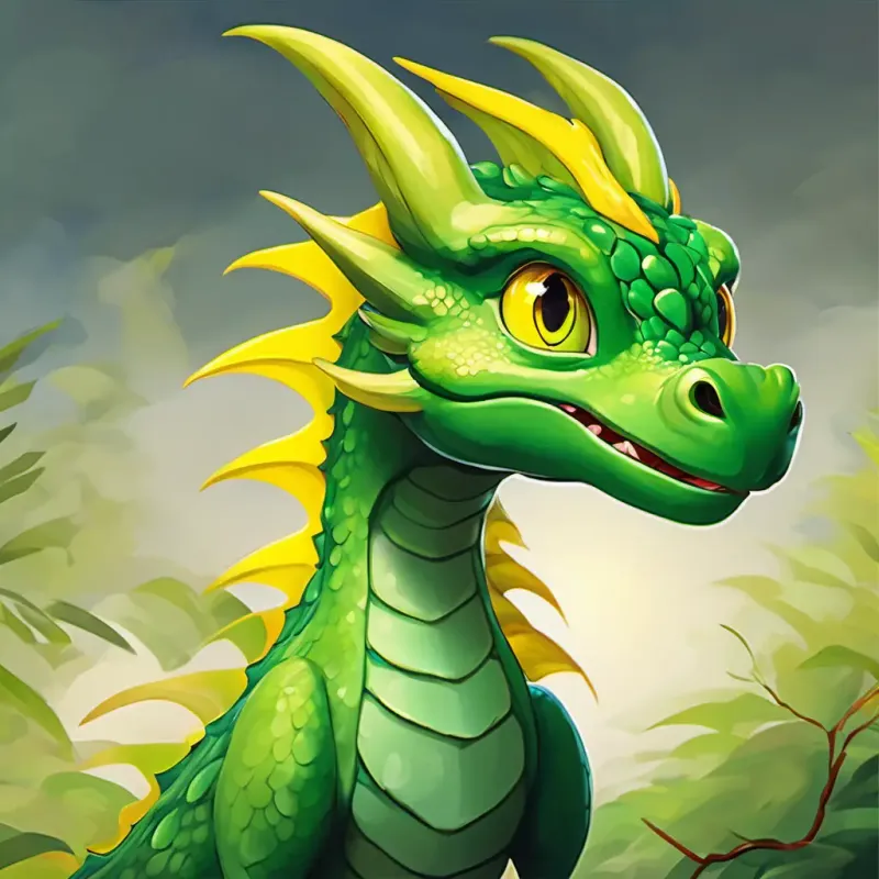 Small green dragon with big yellow eyes is a small, green dragon with big yellow eyes.