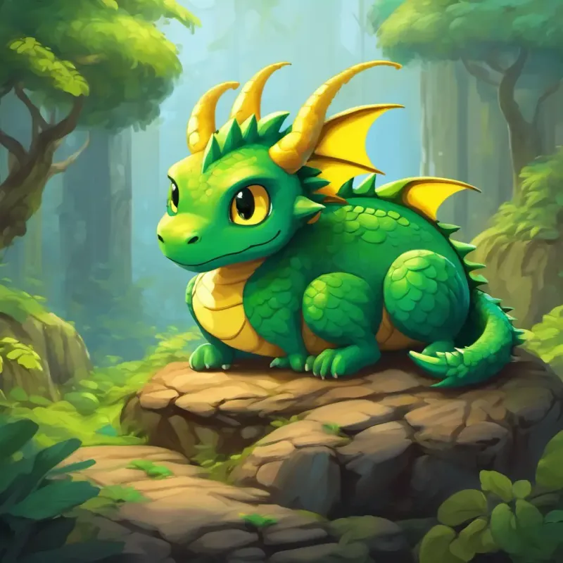Small green dragon with big yellow eyes is sitting alone, with a sad face, looking at his dragon friends playing.