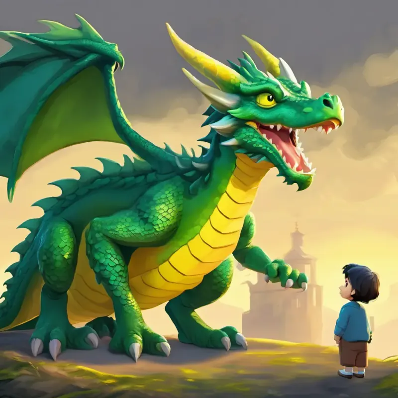 Small green dragon with big yellow eyes is talking to his wise old grandma dragon, who is big and has gray scales.