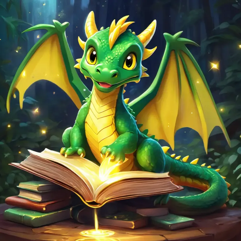 Small green dragon with big yellow eyes is holding a magical book that is open, and sparkles are coming out of it.