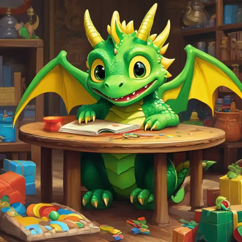 Small green dragon with big yellow eyes is sitting at a table, counting colorful toys up to ten.