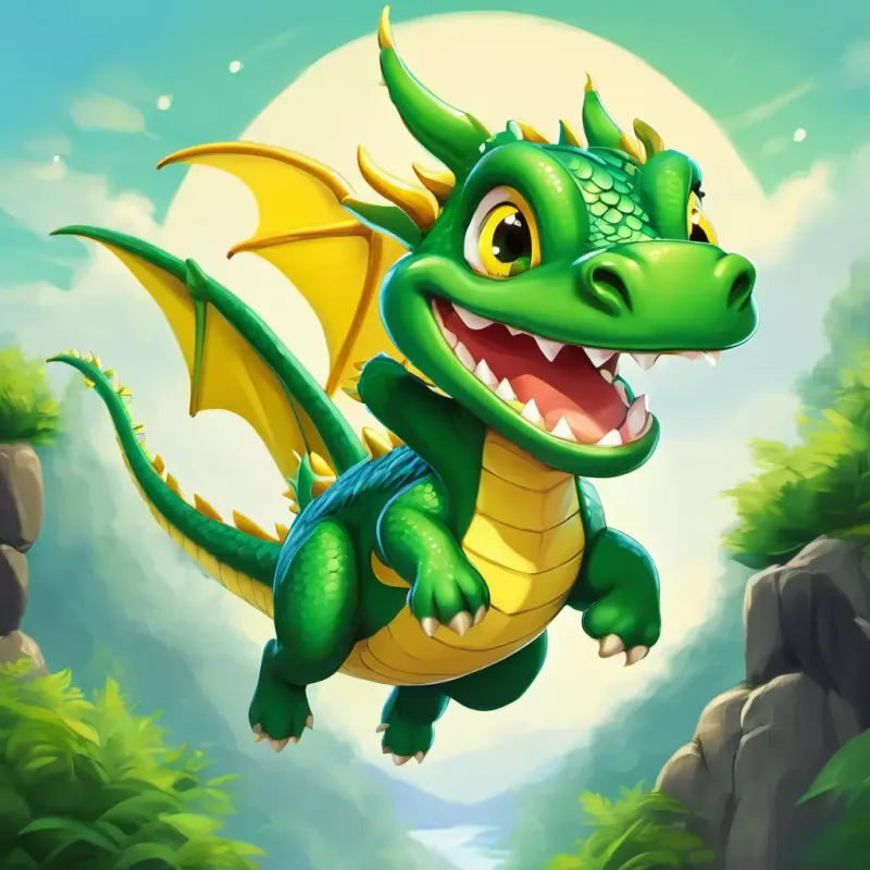 Small green dragon with big yellow eyes is jumping up and down, with a big smile on his face.