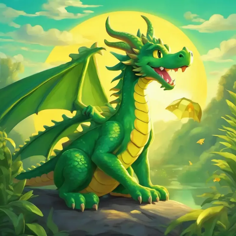 Small green dragon with big yellow eyes is playing with his dragon friends, smiling and having a great time.