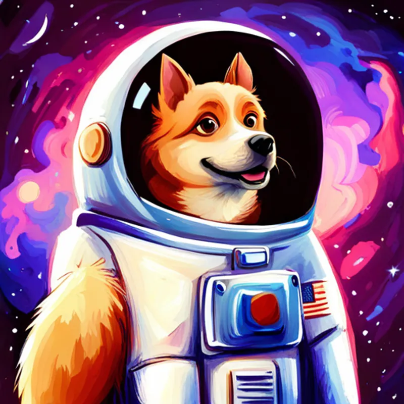 Brave Brave dog in a spacesuit, with wagging tail, a dog with a spacesuit on