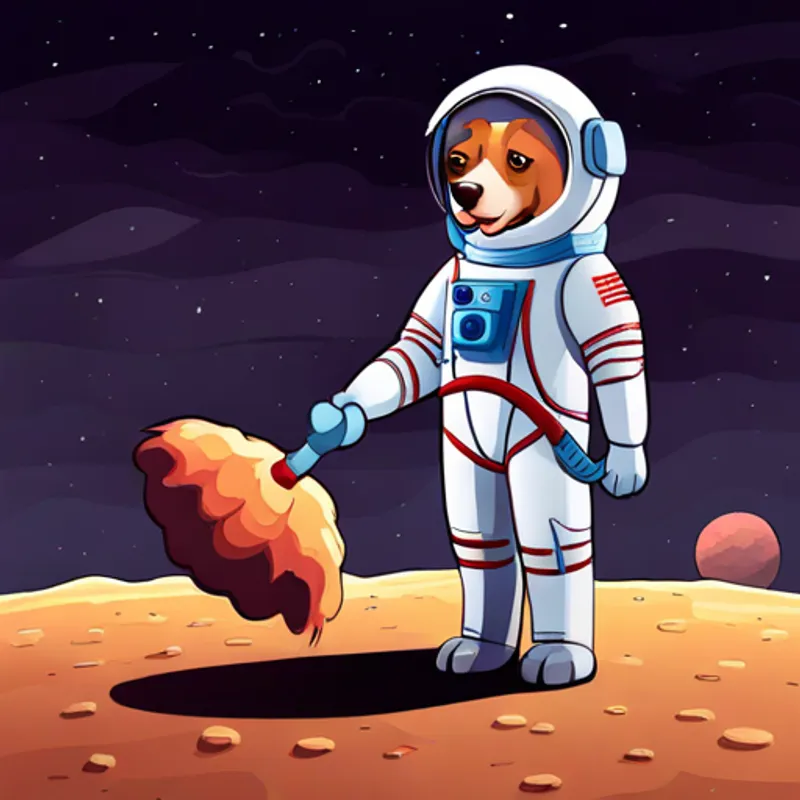 Brave dog in a spacesuit, with wagging tail sniffing and finding resources on Mars