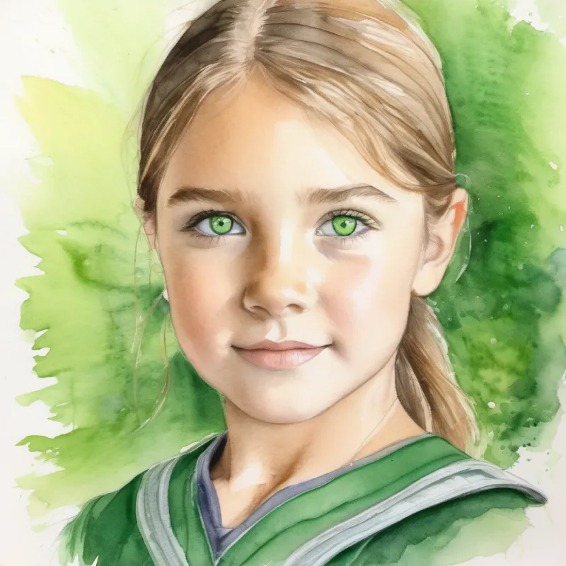 Ella: Young leader, fair skin, determined green eyes reflects on her growth, acknowledges her inner strength, ready for the future.