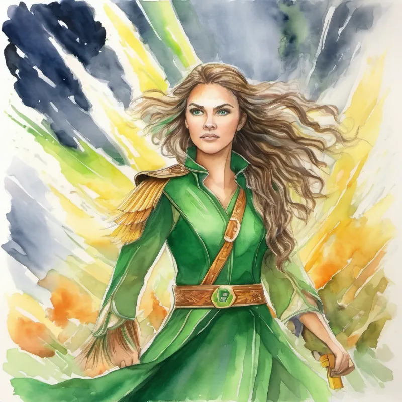 Storm hits festival, Ella: Young leader, fair skin, determined green eyes leads boldly, her commands resonating with her people.