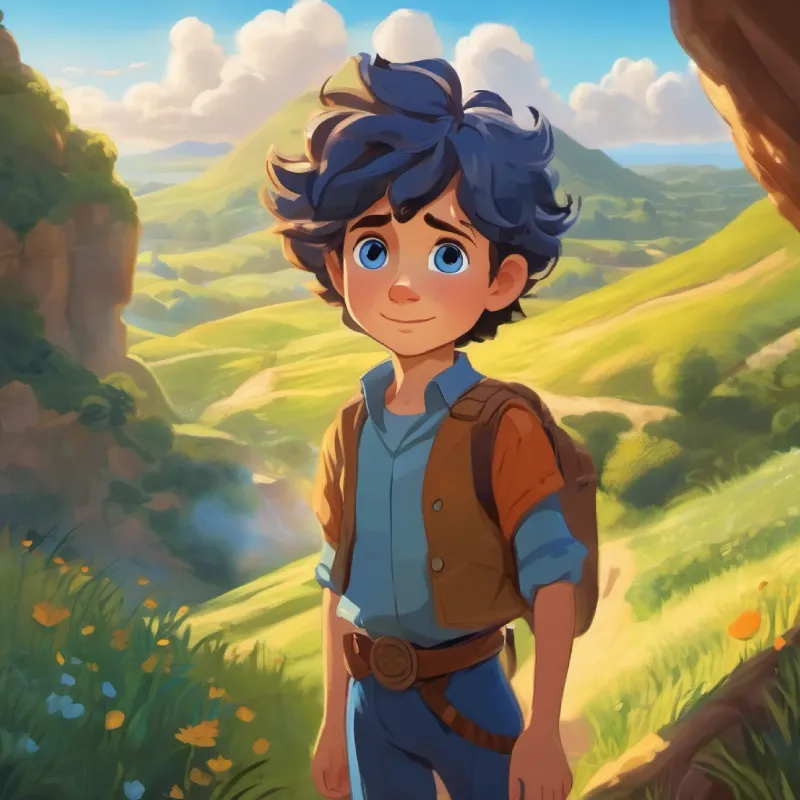 Introduction to Young boy with sunny hair and deep blue eyes, brave and the magical land, daytime.