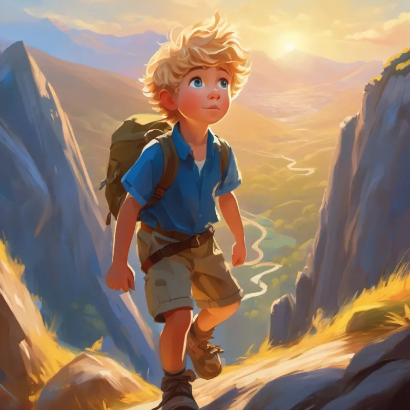 Young boy with sunny hair and deep blue eyes, brave begins climbing the mountain, symbolic of his personal challenge.