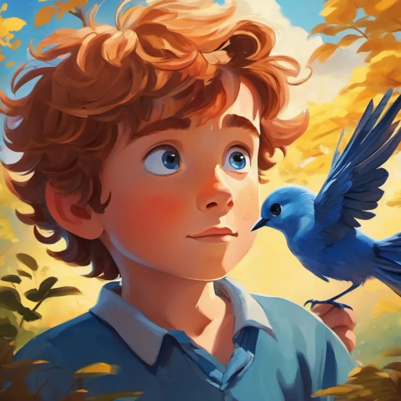 Young boy with sunny hair and deep blue eyes, brave encounters a bird who teaches him about perspective.