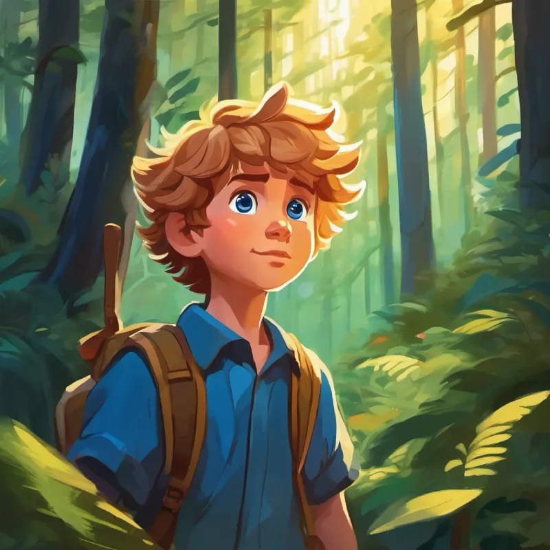 Young boy with sunny hair and deep blue eyes, brave faces his fears in the forest and finds hope.