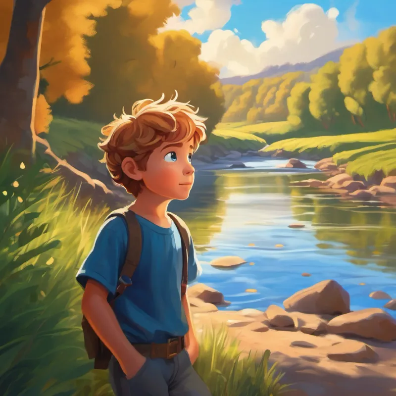 Young boy with sunny hair and deep blue eyes, brave learns about letting go at the river.