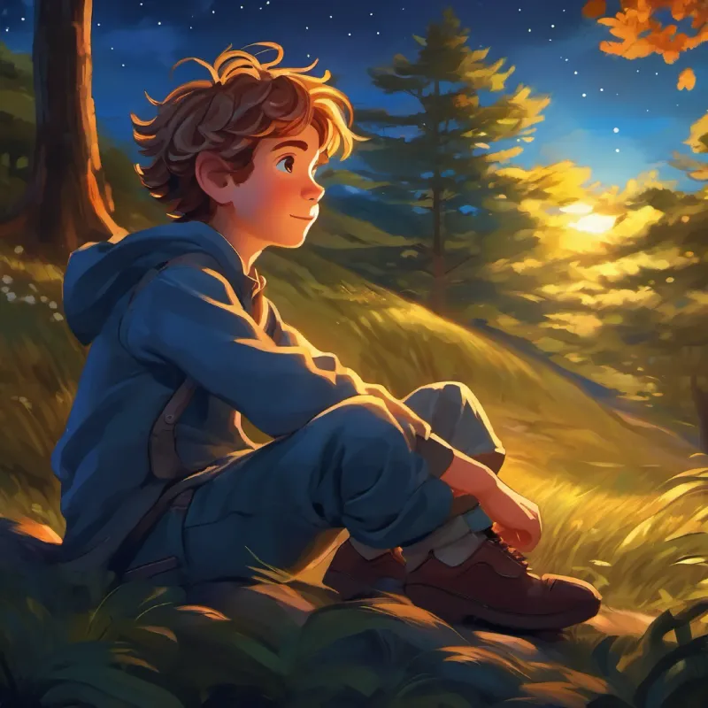 Conclusion of the story with Young boy with sunny hair and deep blue eyes, brave feeling at peace, nighttime setting.