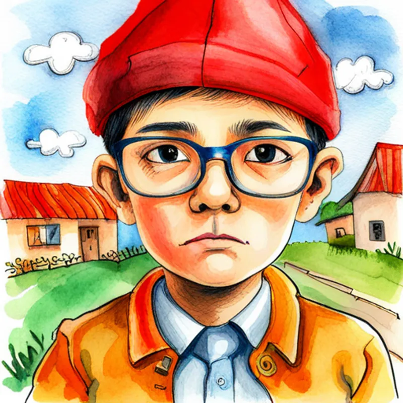 little boy with big dreams, wearing glasses, and a red hat standing in the village with a worried expression