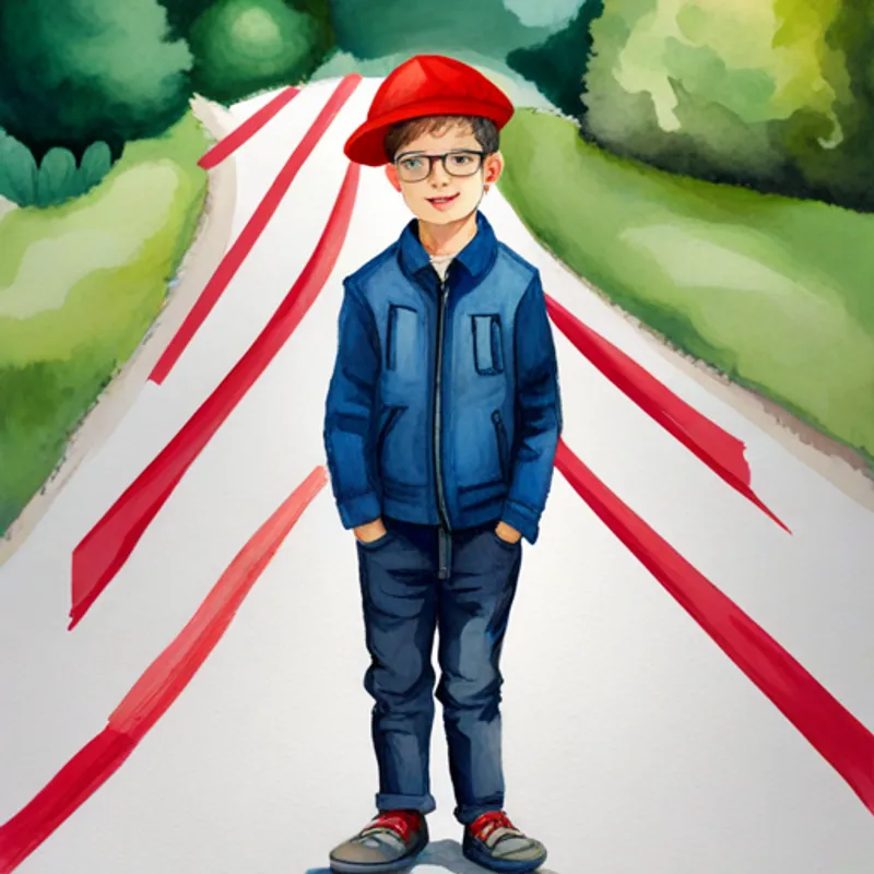 little boy with big dreams, wearing glasses, and a red hat standing at a crossroad with a confident smile