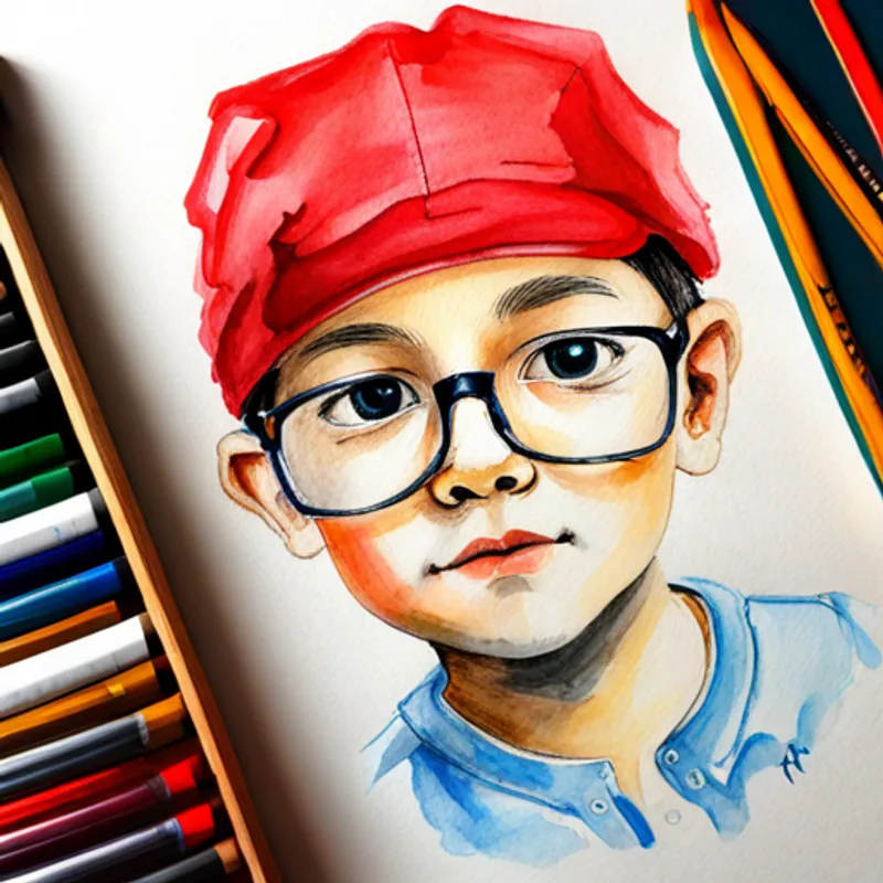 little boy with big dreams, wearing glasses, and a red hat practicing his talent with dedication