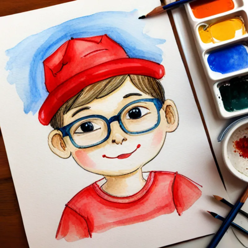 little boy with big dreams, wearing glasses, and a red hat surrounded by friends, all smiling and confident