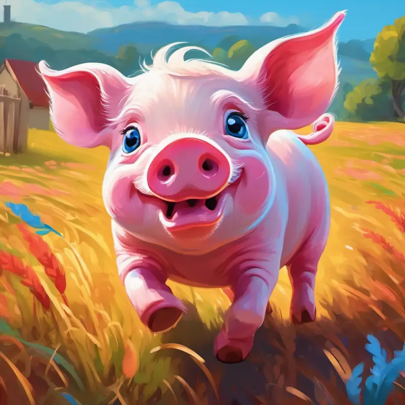 A small pink pig with a curly tail, bright blue eyes in a colorful farm, feeling very angry, stomping and grunting.