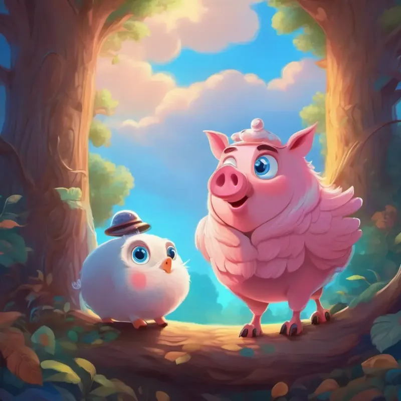 A small pink pig with a curly tail, bright blue eyes meets a wise old owl, learning about counting and deep breaths.